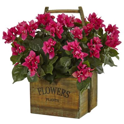 Nearly Natural 18 in. Bougainvillea Flowering Plant in Rustic Wood Planter