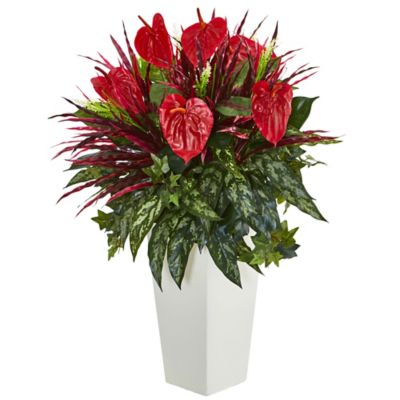 Nearly Natural 33 in. Artificial Mixed Anthurium Plant in White Tower Vase