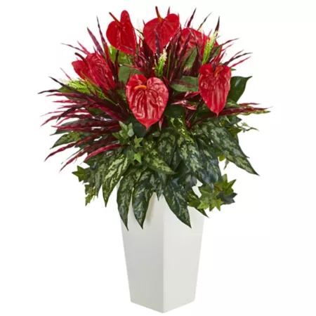 Nearly Natural 33" Artificial Mixed Anthurium Plant in White Tower Vase Artificial Plants & Flowers