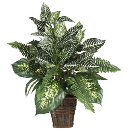 Nearly Natural 26" Zebra Silk Mixed Greenery Plant with Wicker Basket Artificial Plants & Flowers