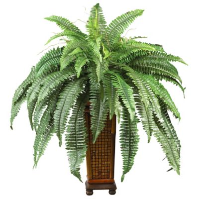 Nearly Natural 17.5 in. Boston Fern Silk Plant with Wood Vase