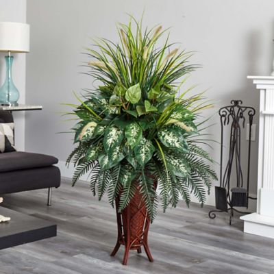 Image showing  Mixed Greens and Cattails Artificial Plant with Stand Planter