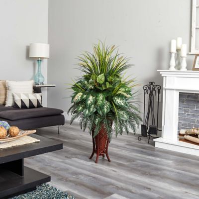 Image showing  Mixed Greens and Cattails Artificial Plant with Stand Planter