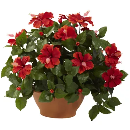 Almost Natural Silk Hibiscus Flower Arrangement with Clay Planter Artificial Plants & Flowers