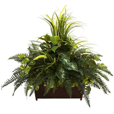 Nearly Natural 36 in. Mixed Grass and River Fern with Wood Planter