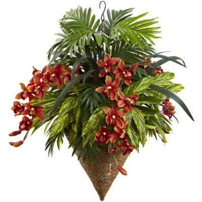 Nearly Natural 36 in. Mixed Tropical and Cymbidium Hanging Basket