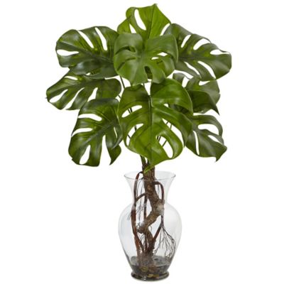 Nearly Natural 26 in. Monstera Plant in Rocks with Glass Vase