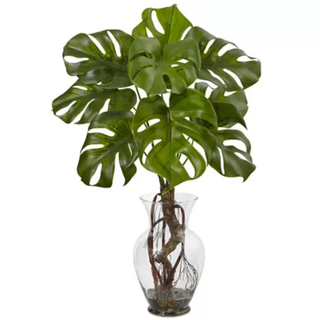 26" Nearly Natural Monstera Plant in Rocks with Glass Vase Artificial Plants & Flowers