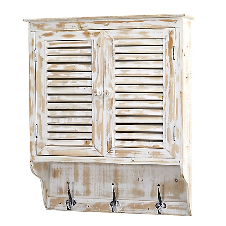 Nearly Natural 32 in. White Washed Wall Cabinet with Hooks, 7049