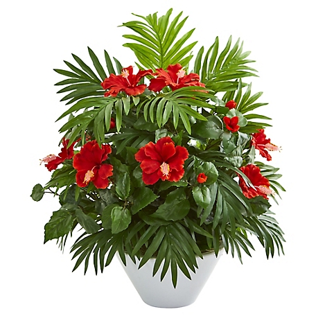 Nearly Natural 27 in. Hibiscus and Areca Palm Artificial Plant in White Bowl
