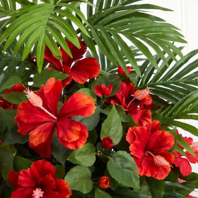 Image showing  27 in. Hibiscus and Areca Palm Artificial Plant in White Bowl
