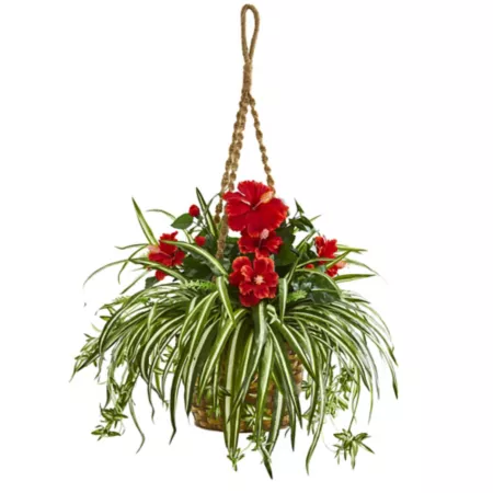 Nearly Natural 31 in Artificial Hibiscus and Spider Plant in Hanging Basket Artificial Plants & Flowers