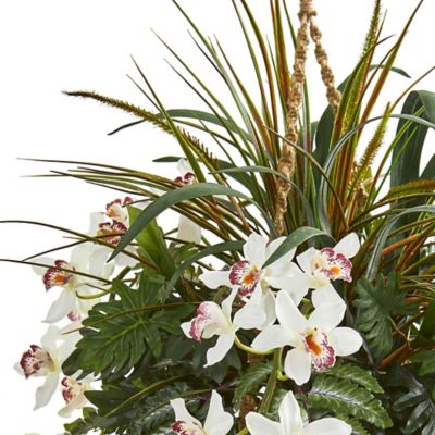 Image showing  29 in. Cymbidium Orchid and Mixed Greens Artificial Plant Hanging Basket
