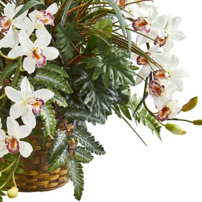 Image showing  29 in. Cymbidium Orchid and Mixed Greens Artificial Plant Hanging Basket