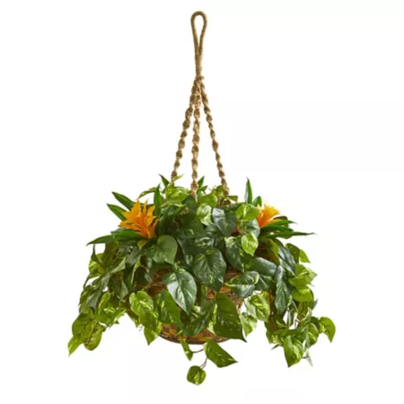 Nearly Natural 31" Artificial Bromeliad and Pothos Plant in Hanging Basket Artificial Plants & Flowers