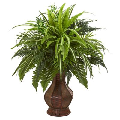 Nearly Natural 26 in. Mixed Greens and Fern Artificial Plant in Decorative Planter