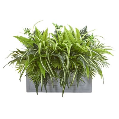 Nearly Natural 22 in. Artificial Mixed Greens and Fern in Stone Planter