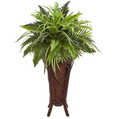 Nearly Natural 32 in. Mixed Greens and Fern Artificial Plant in Decorative Stand