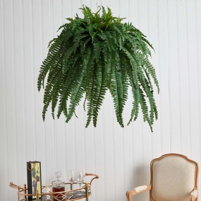 Image showing  39 in. Boston Fern Artificial Plant in Metal Hanging Bowl