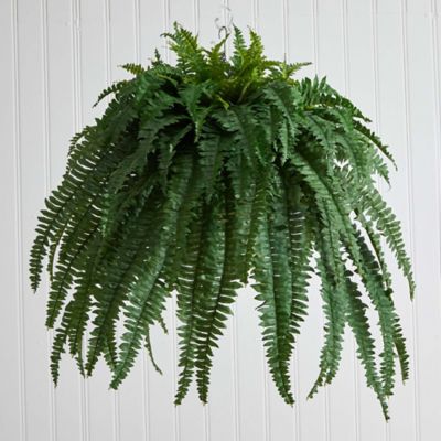 Image showing  39 in. Boston Fern Artificial Plant in Metal Hanging Bowl