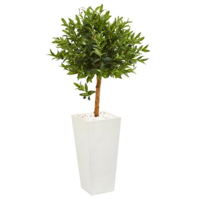 Nearly Natural 4 ft. UV-Resistant Indoor/Outdoor Artificial Olive Topiary Tree in White Planter