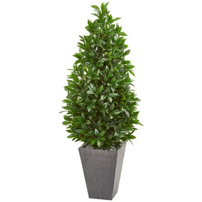 Nearly Natural 57 in. UV-Resistant Indoor/Outdoor Bay Leaf Cone Topiary Tree in Slate Planter