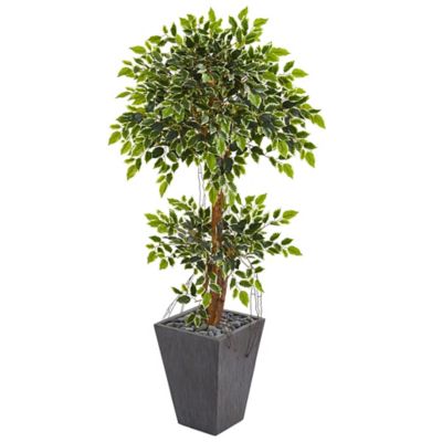 Nearly Natural 5 ft. Variegated Artificial Ficus Tree in Slate Planter