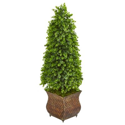 Nearly Natural 41 in. Indoor/Outdoor Eucalyptus Cone Topiary Artificial Tree in Metal Planter
