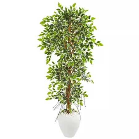 Nearly Natural Elegant 5.5 ft Artificial Ficus Tree in White Planter Artificial Plants & Flowers