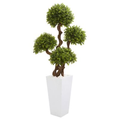 Nearly Natural 55 in. 4-Ball Boxwood Artificial Topiary Tree in Tall White Planter