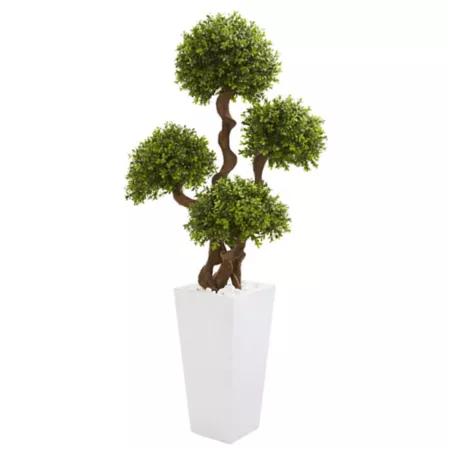 Nearly Natural 55" 4-Ball Artificial Boxwood Topiary Tree in Large White Planter Artificial Plants & Flowers