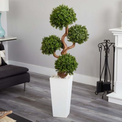 Image showing  55 in. 4-Ball Boxwood Artificial Topiary Tree in Tall White Planter