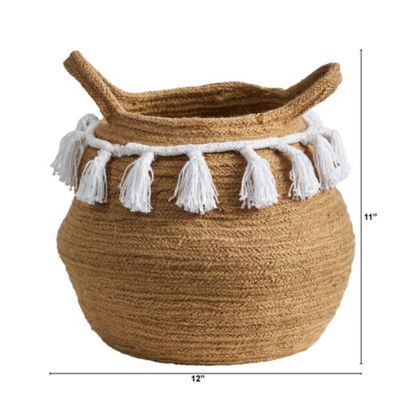 Image showing  11 in. Boho Chic Handmade Natural Cotton Woven Basket Planter with Tassels, 0830-S1