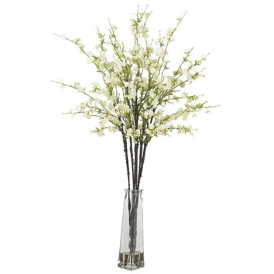 Nearly Natural 38 in. White Cherry Blossoms Silk Flower Arrangement with Vase
