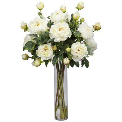 Nearly Natural 32 in. White Peony with Cylinder Silk Flower Arrangement
