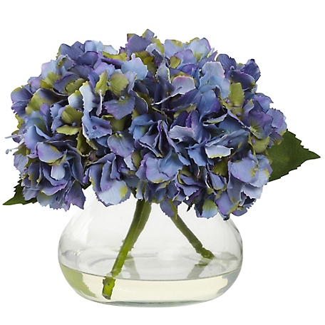 Nearly Natural 8.5 in. Blue Artificial Blooming Hydrangea with Vase