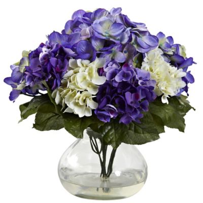 Nearly Natural 11 in. Mixed Hydrangea Faux Floral Arrangement with Vase