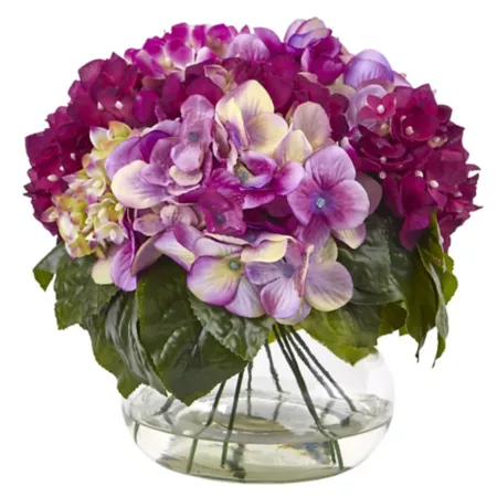 Nearly Natural 11" Mixed Faux Hydrangea Floral Arrangement with Round Glass Vase Artificial Plants & Flowers