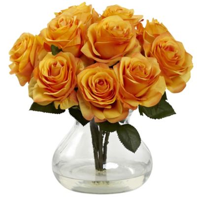Nearly Natural 11 in. Orange Yellow Rose Arrangement with Vase