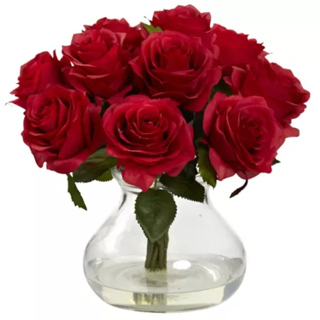 Nearly Natural 11 in Red Rose Arrangement with Vase Artificial Plants & Flowers