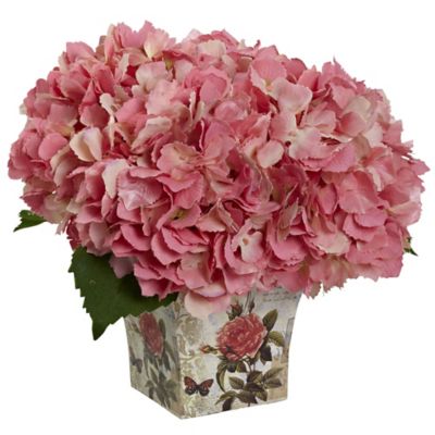 Nearly Natural 9 in. Pink Hydrangea Silk Arrangement in Floral Planter