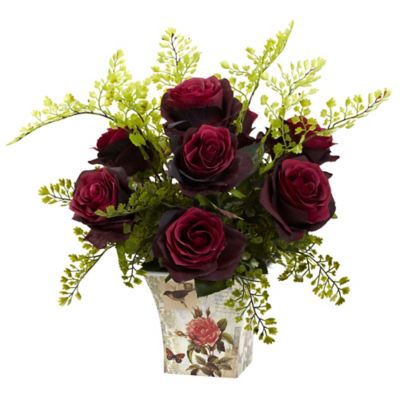 Nearly Natural 13 in. Burgundy Rose and Maiden Hair Faux Floral Arrangement with Floral Planter