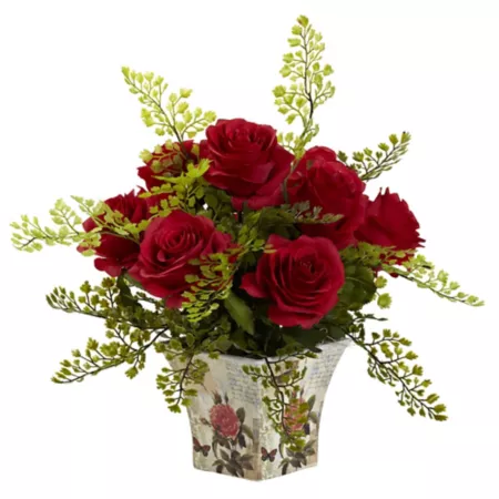 Nearly Natural 13 in Fake floral arrangement of red rose and girl's hair with flower pot Artificial Plants & Flowers