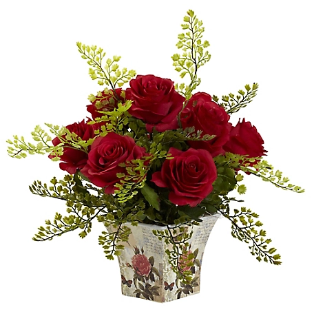 Nearly Natural 13 in. Red Rose and Maiden Hair Faux Floral Arrangement with Floral Planter