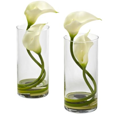 Nearly Natural 10.5 in. Double Calla Lily with Cylinder Vase Set, 2 pc.