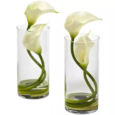 Nearly Natural 10.5" Double Calla Lily Set with Drum Vase 2 Pieces Artificial Plants & Flowers