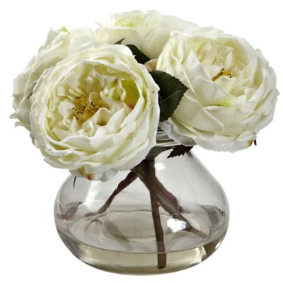 Nearly Natural 8 in. White Fancy Rose Silk Flower Arrangement with Vase