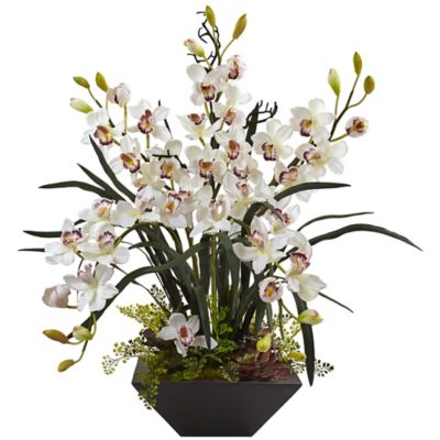 Nearly Natural 36 in. Cymbidium Orchid Silk Flower Arrangement with Black Vase