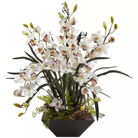 Nearly Natural 36 in Cymbidium Orchid Silk Flower Arrangement with Black Vase Artificial Plants & Flowers