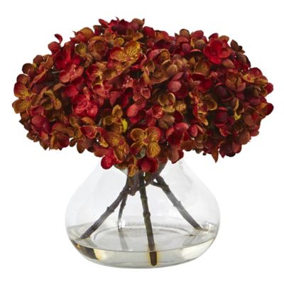 Nearly Natural 8.5 in. Rust Hydrangea Silk Flower Arrangement with Glass Vase